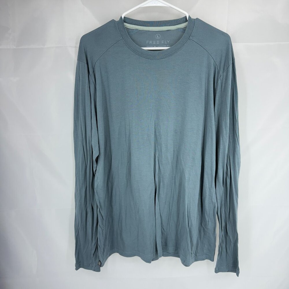 Free Fly Men L Bamboo Long Sleeve Shirt Sun Protection Fishing Sport Blue Fog